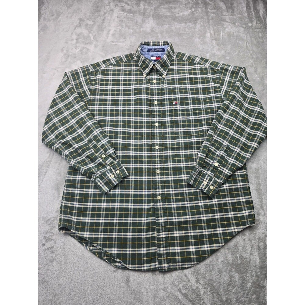 Vintage Y2K Tommy Hilfiger Green Windowpane Plaid Button Down Shirt Men’s L